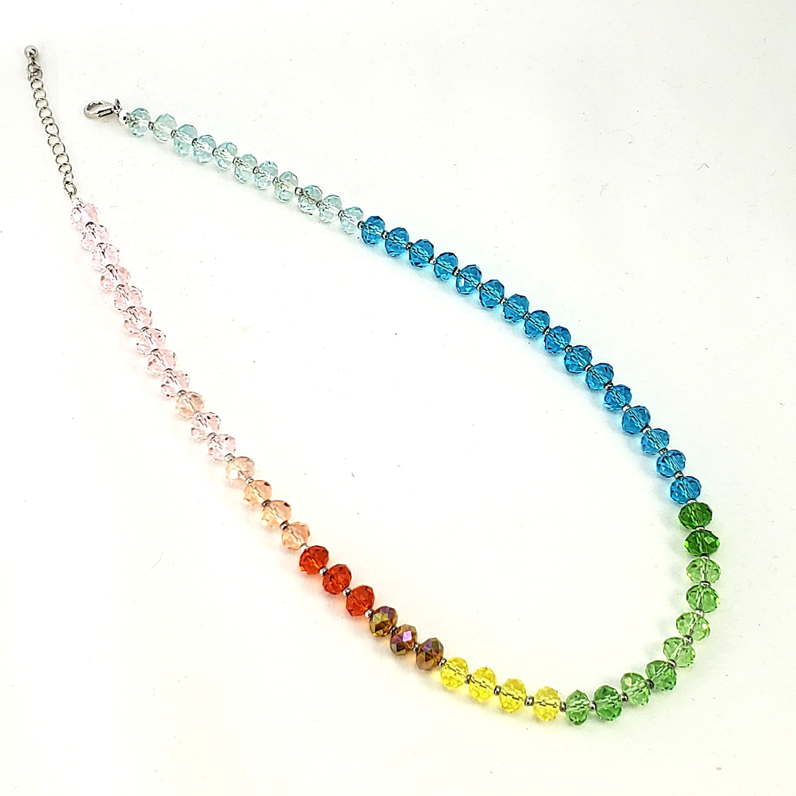 Multicolor RAINBOW Faceted Rondelle Glass Bead Necklace Silver Tone 19″ to 20.5″
