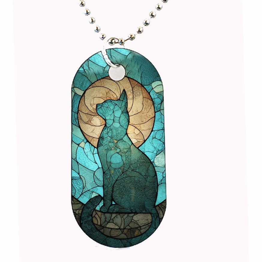 Faux Stained Glass Art Full Moon Cat Dog Tag Necklace Military Size Dog Tag