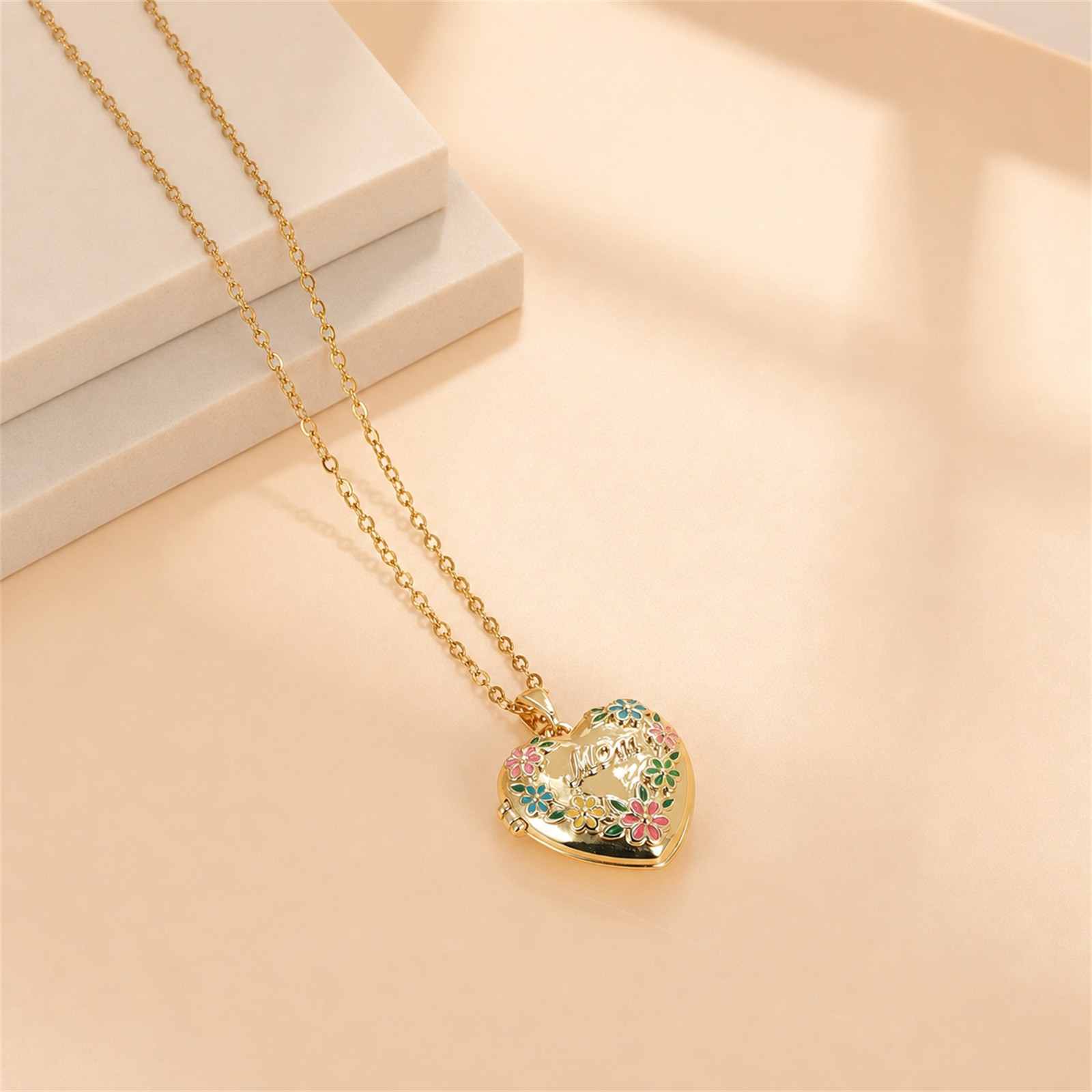 Engraved “Mom” Colorful Enamel Heart Pendant Photo Locket Necklace Adjustable