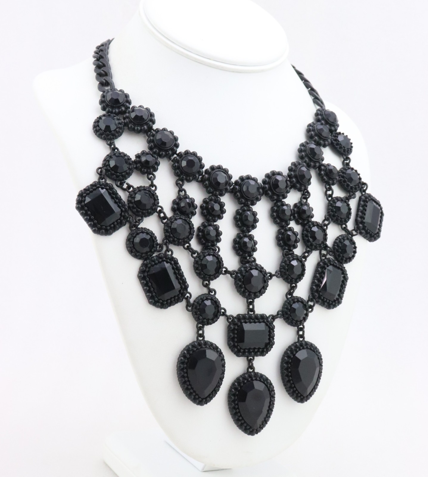 17-20″ ZARA Black Crystal Glass Rhinestone Bib Metal Chain Necklace
