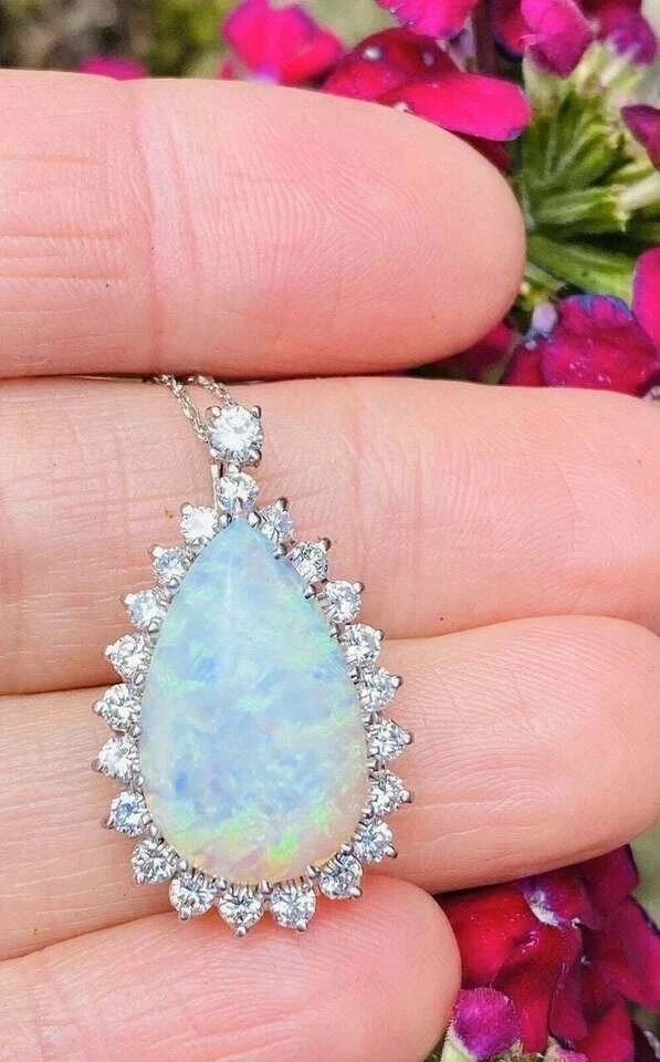 4Ct Pear Cut Fire Opal Diamond Halo Women Pendent 14K White Gold Plated