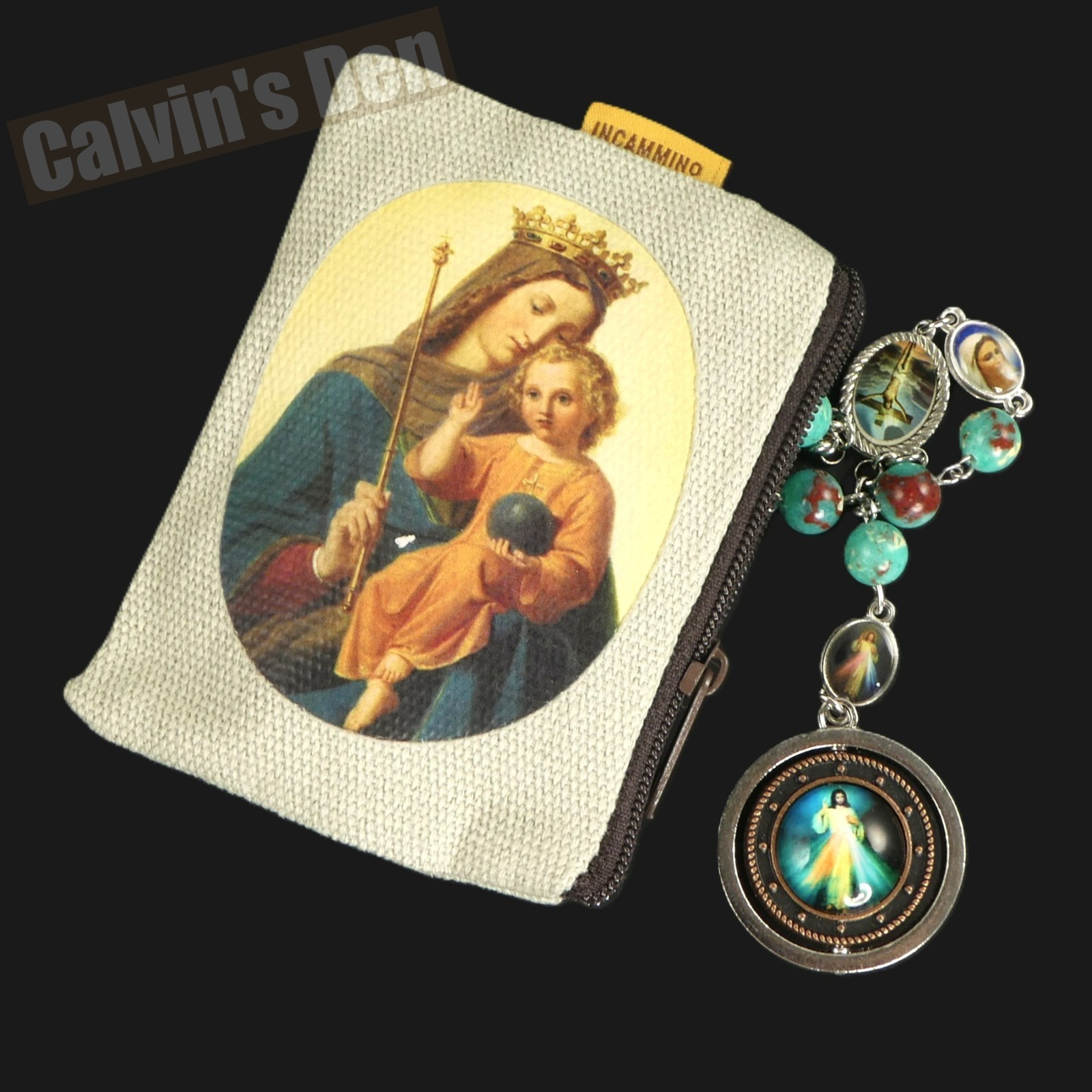 Green Snakeskin Jasper Bead Rosary Spinning Divine Mercy Madonna & Child Pendant