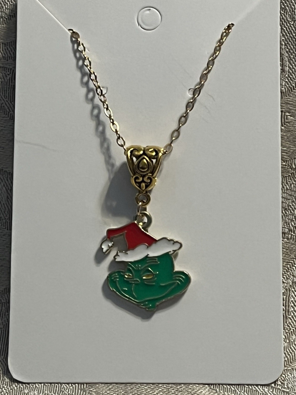 Grinch Christmas Holiday Gold Enamel Charm Adorable Boho Trendy Necklace 18”