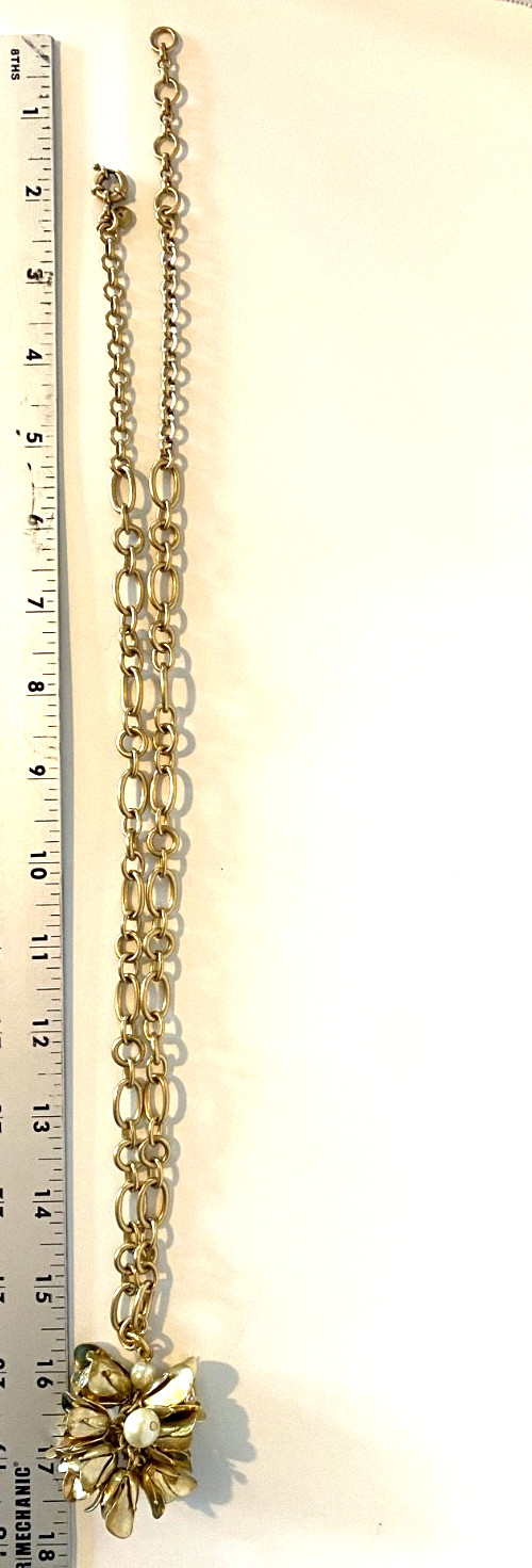 J Crew Gold tone Chunky Flower Pearl Crystal Bouquet Long Statement Necklace 30″