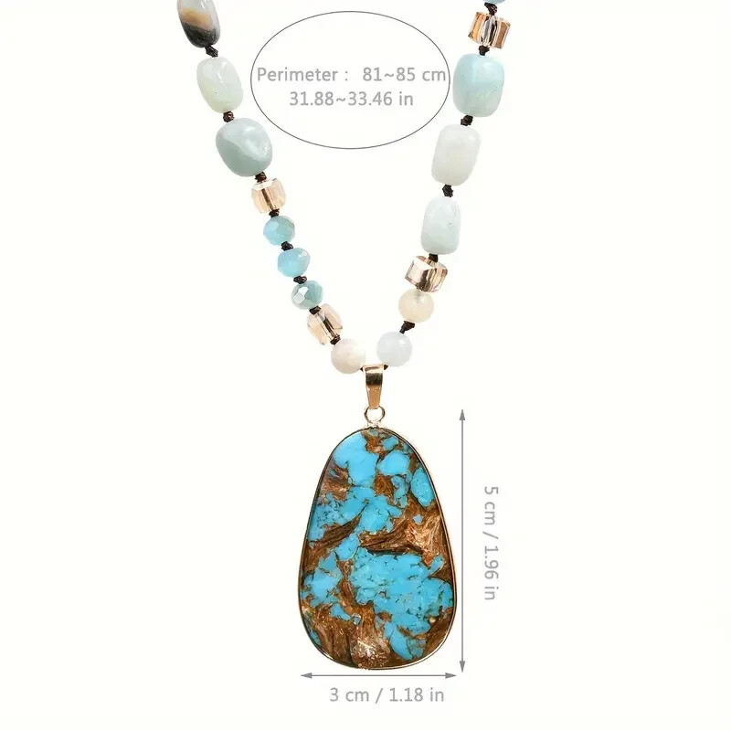 Boho Vintage Amazonite Bead Necklace Pendant Natural Stone Long Chain Women