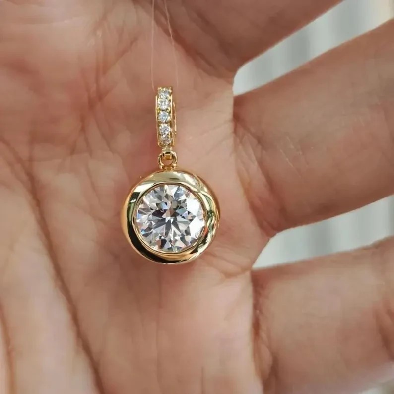 Bezel Set Solitaire Pendant 14K Yellow Gold Plated 2Ct Round Simulated Diamond