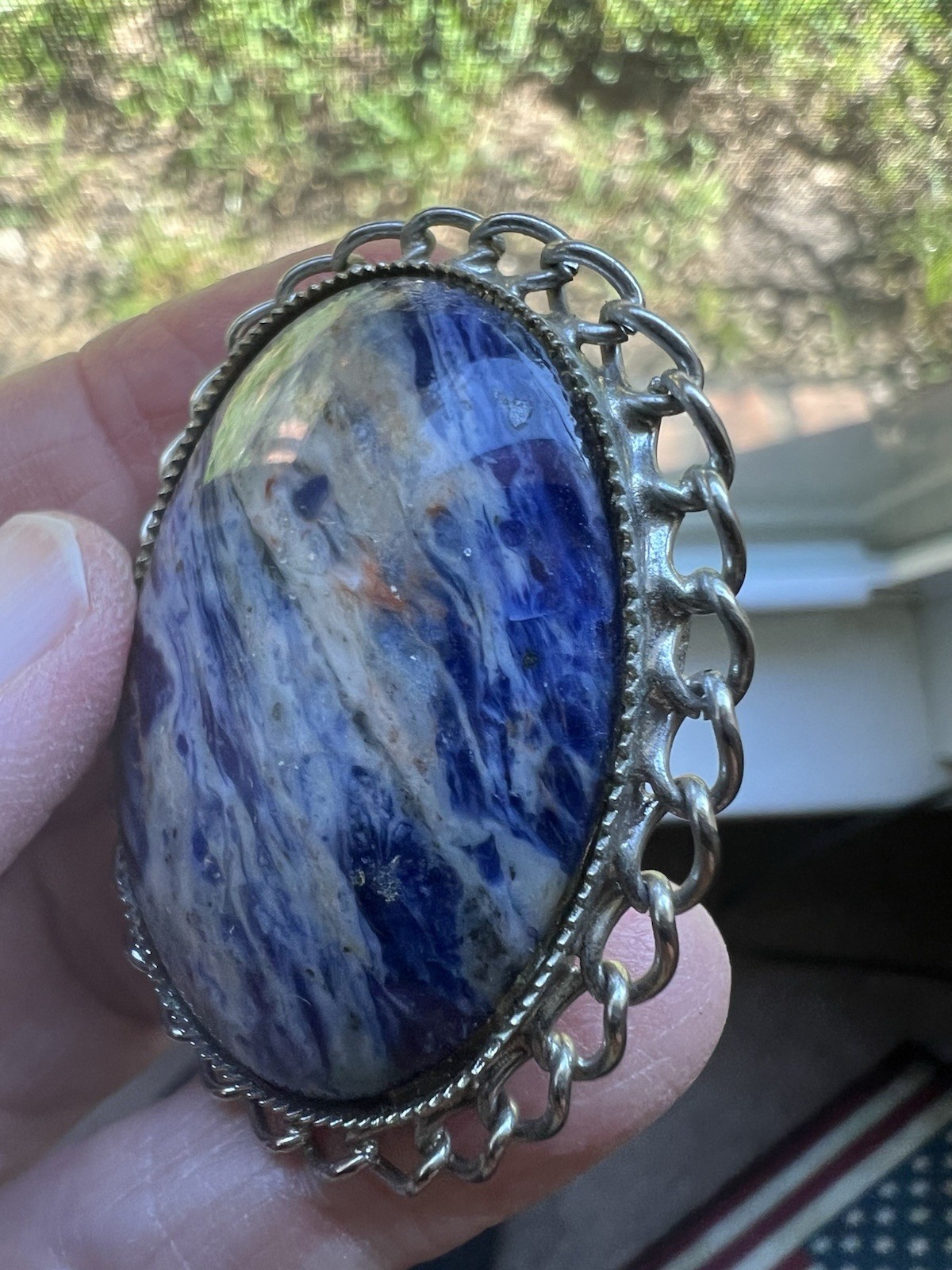 Authentic Vintage Pendant Bolo Tie Semiprecious Gemstone Swirly Blues