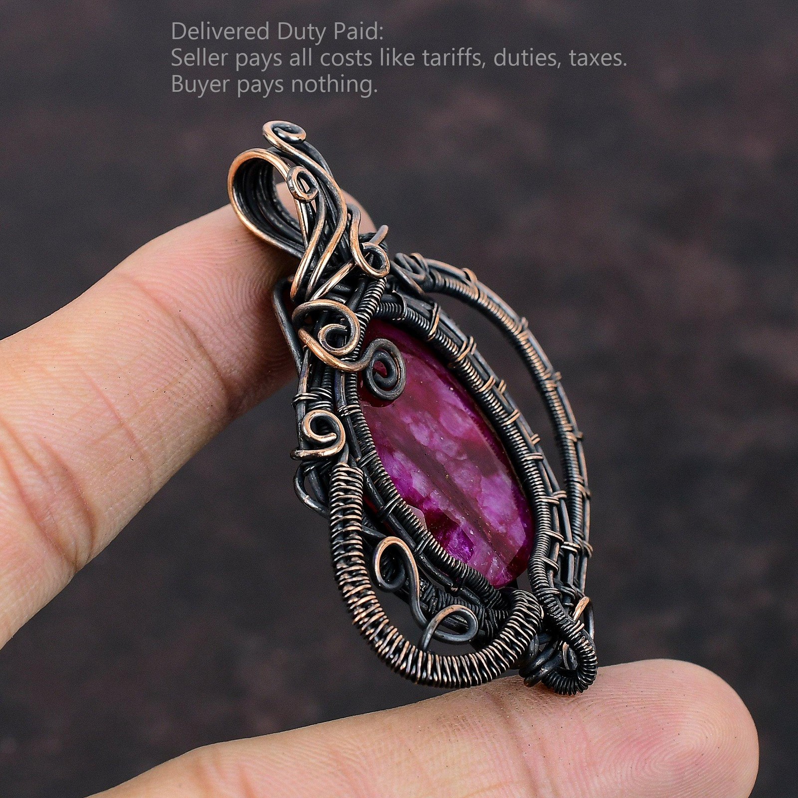Faceted Kashmir Rubi Stone Engagement Mother Wire Wrapped Pendant Jewelry Copper