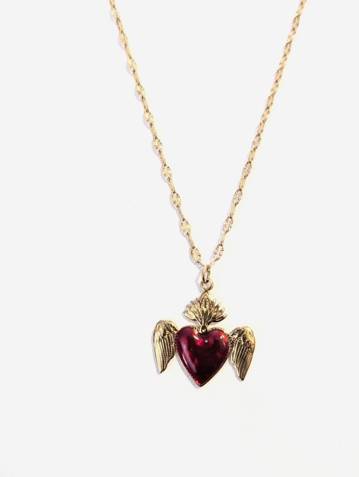 Stainless Steel Oval Link Chain Necklace Red Enamel Heart Wing Charm Adjustable