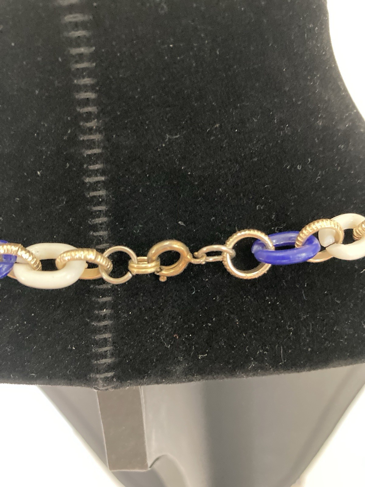 Blue, White And Gold Tone Rings, Necklace Spring Ring Clasp 51” Long