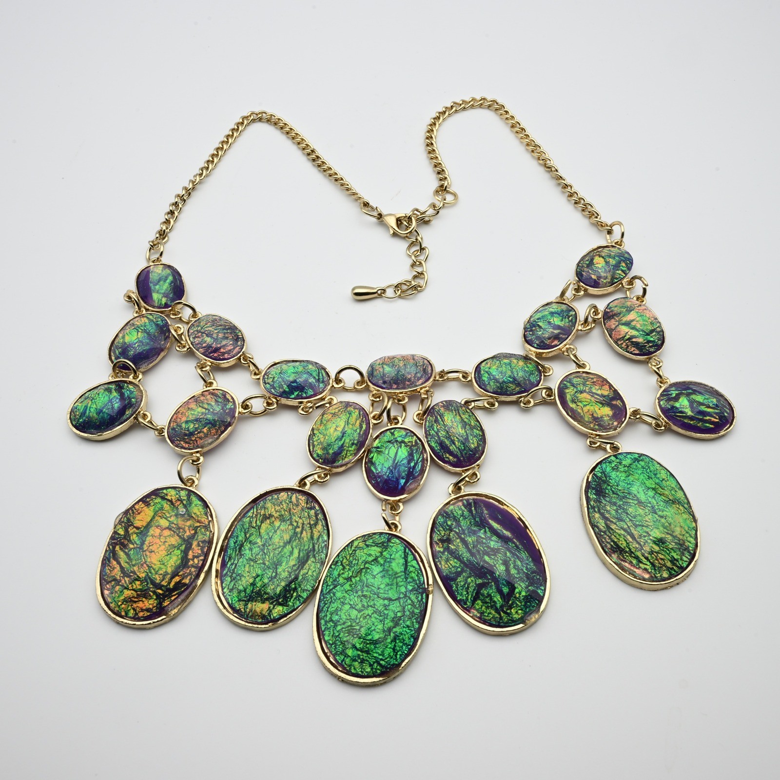 Iridescent Statement Bib Necklace Gold Tone Purple Green Foil Oval Drop Fringe