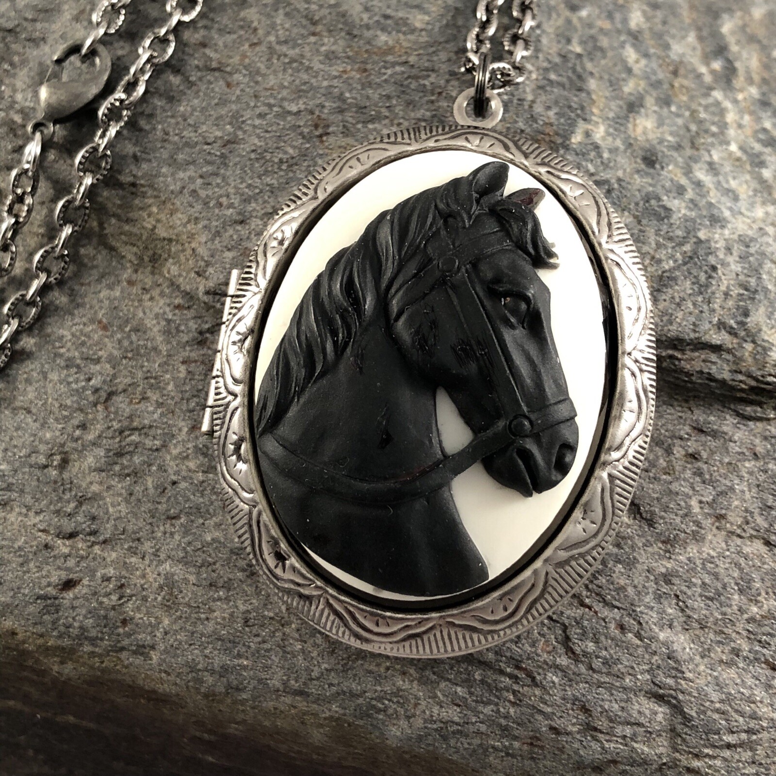 Black Horse Cameo Locket Necklace, Antique Silver, Memory Photo Keepsakes Box
