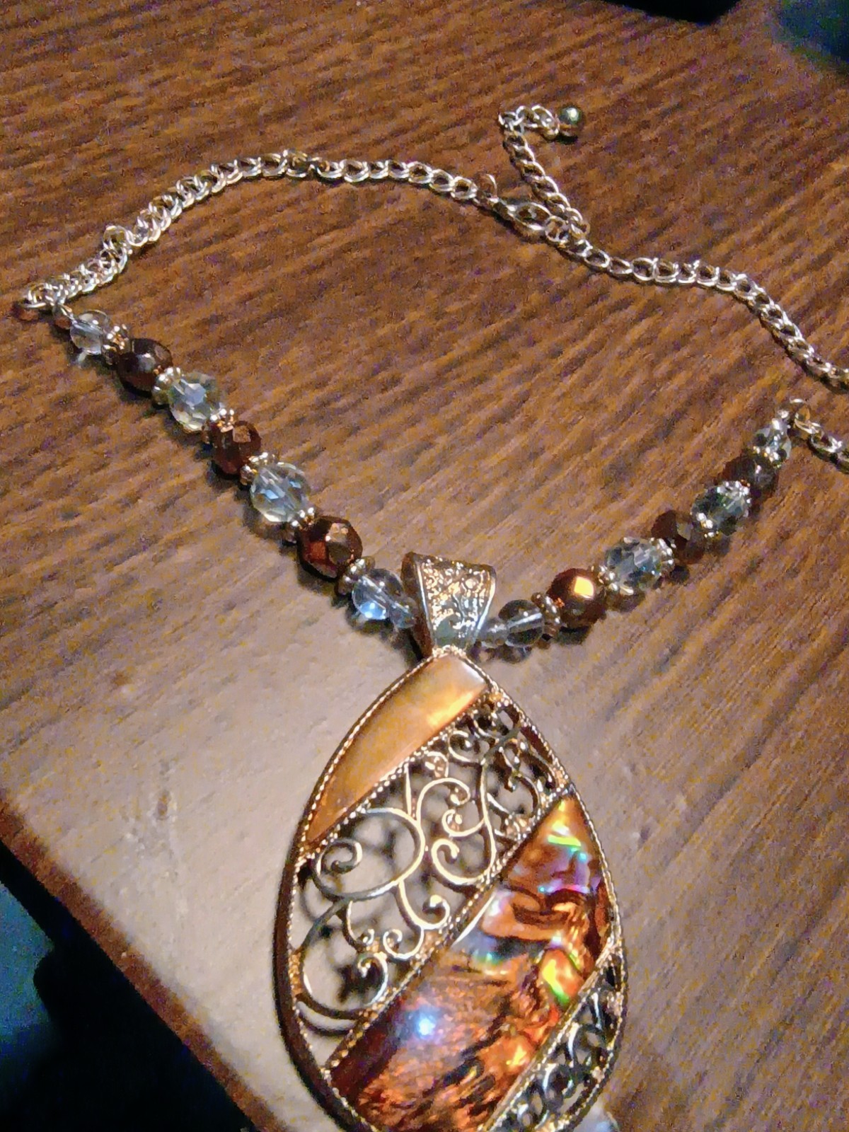 Teardrop Charm Pendant Necklace Multicolor Inlay, Beaded Cable Chain
