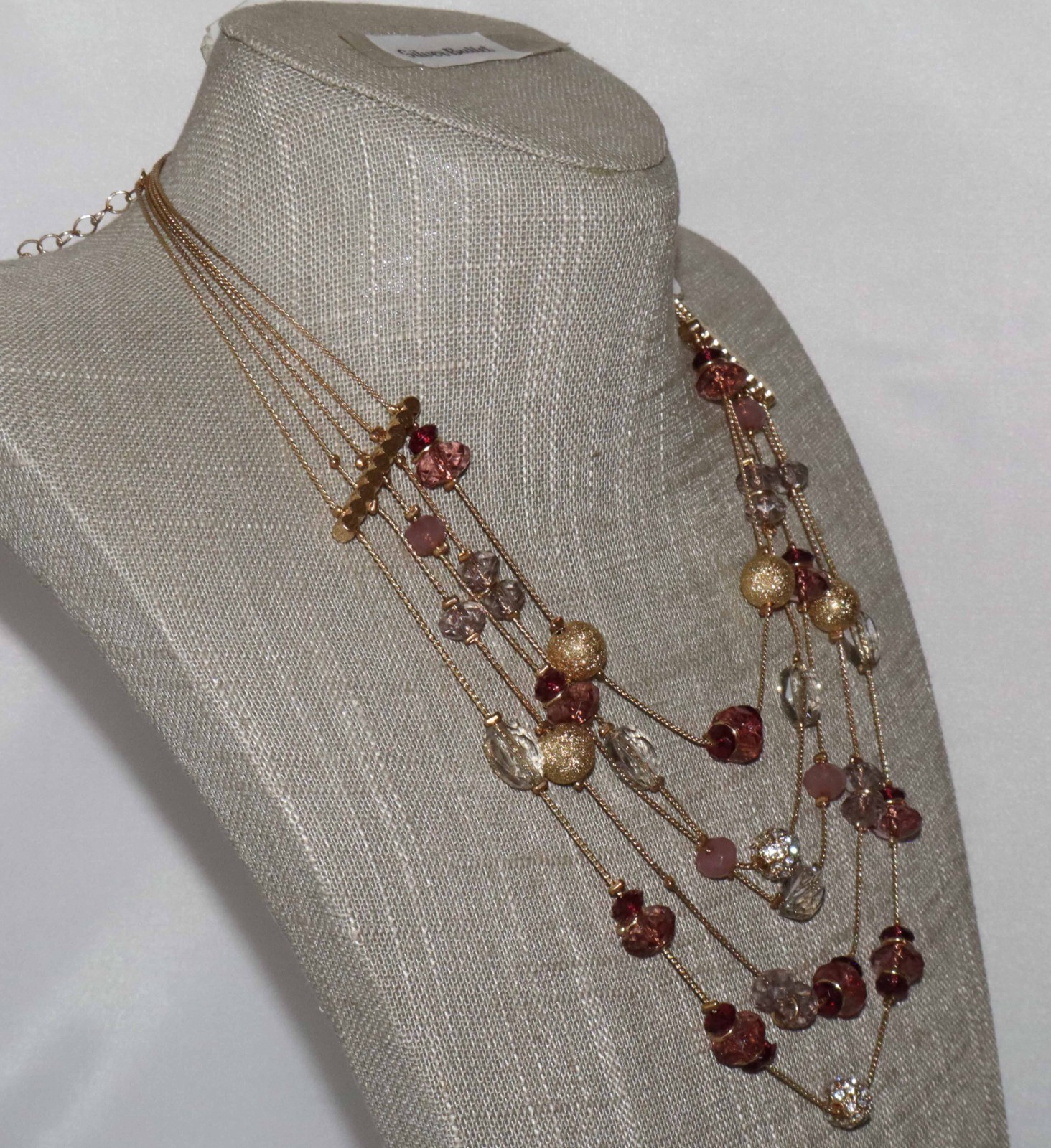 Gold Toned Pink and Clear Multi Layered Fashion Necklace w/tag