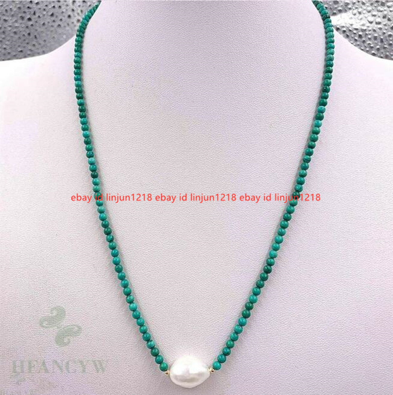 Natural 4mm Blue Turquoise Round Gems Beads & 7-8mm White Pearl Necklace 18″
