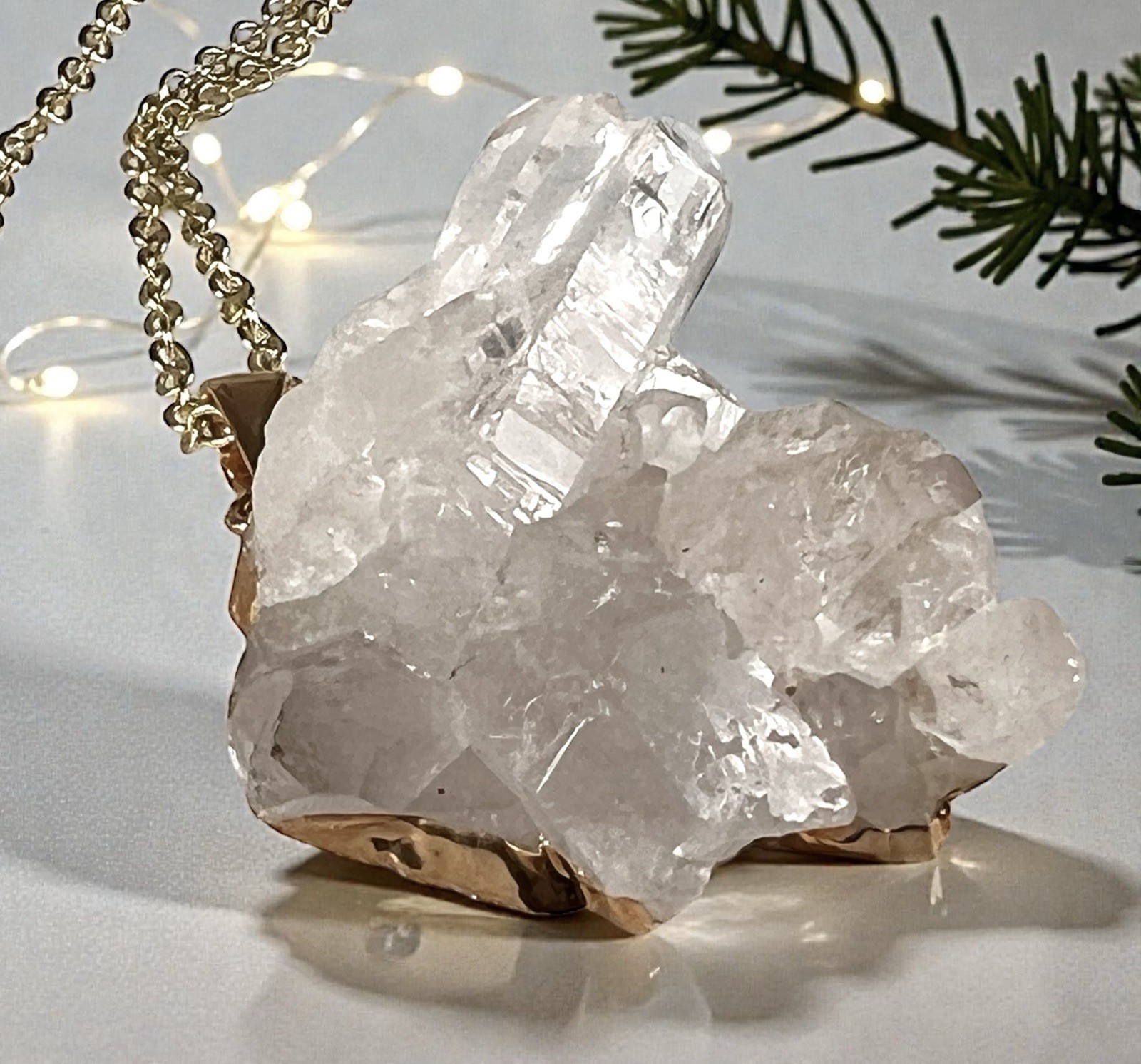 Semi Clear Quartz Cluster Pendant Necklace with a Gold-Toned Chain 32”