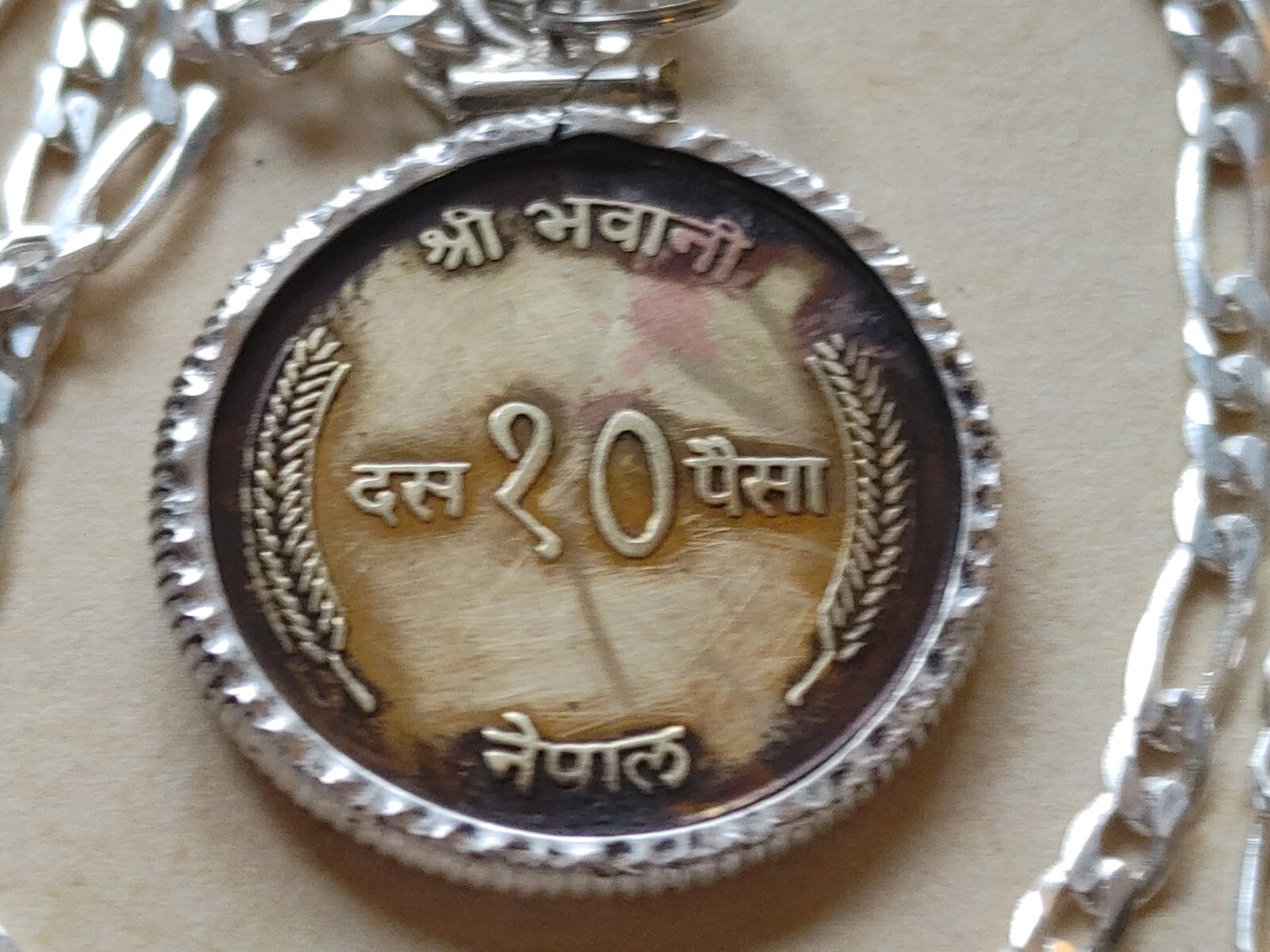 Sunrise & Sickle Moon Himalayan Mountain Nepal coin pendant & Italian 925 chain