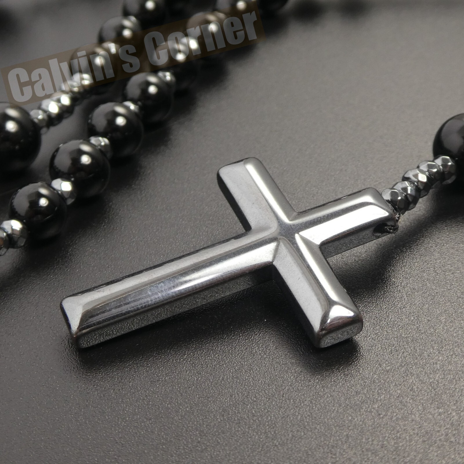 Black Onyx Bead Hematite Cross Rosary Necklace Catholic Men Women Gift Hanging