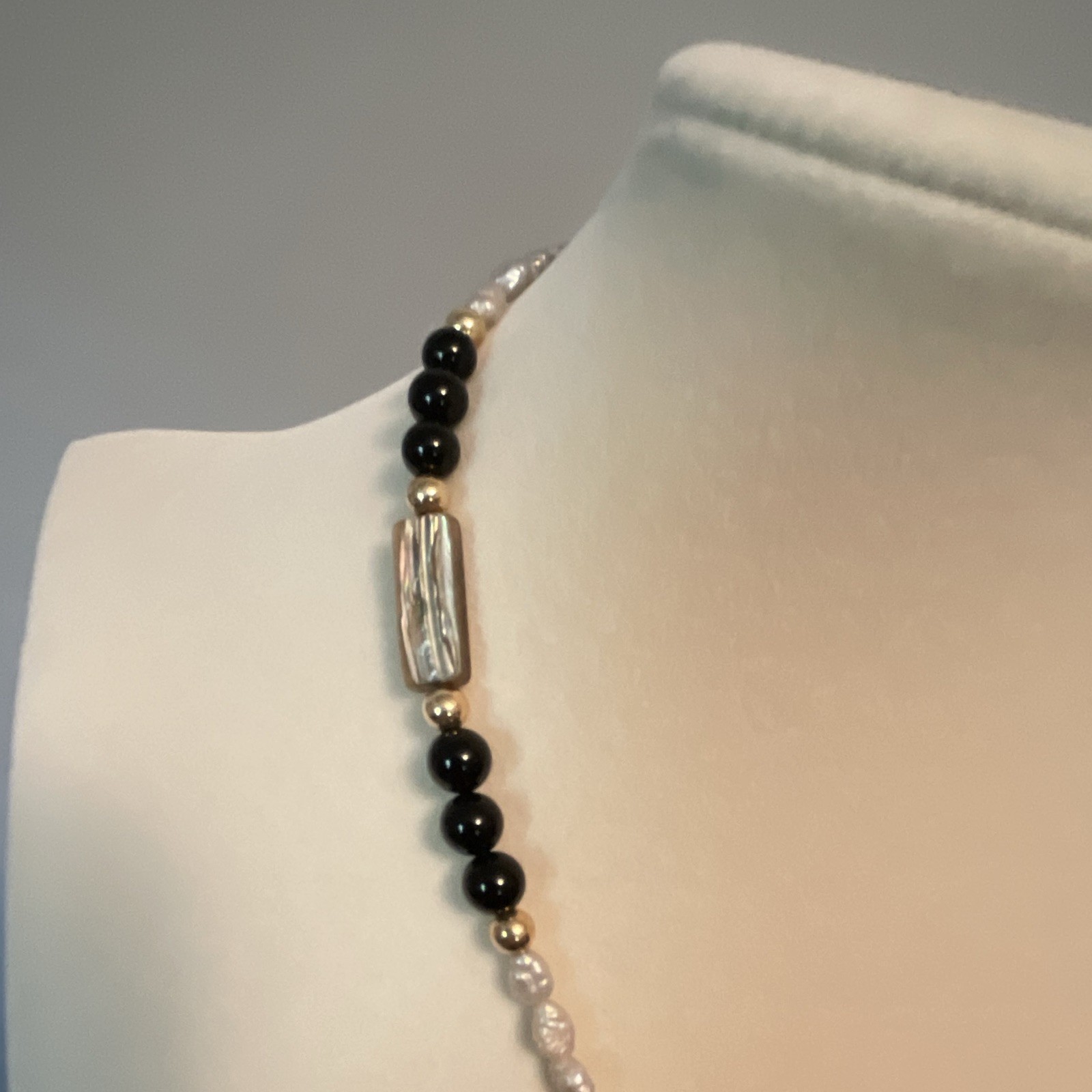18 in Sterling silver black and white onyx/ seed pearls and abalone necklace