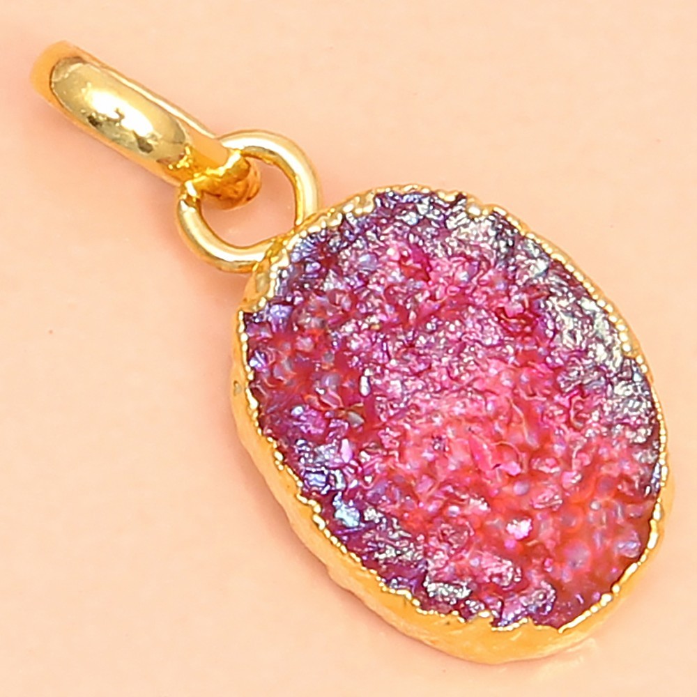 Pendant Red Sunshine Drusy 14CT Gold Plated Silver Jewelry 1.5”