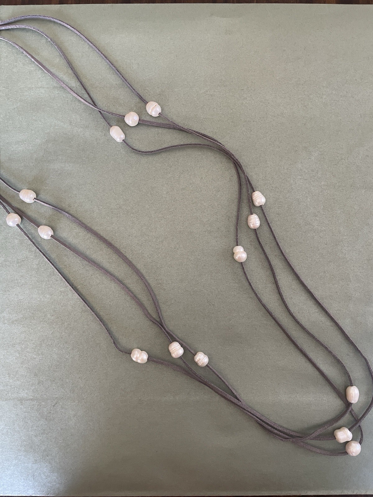Layered Gray Leather Cord Necklace White Baroque Pearls Adjustable 36in