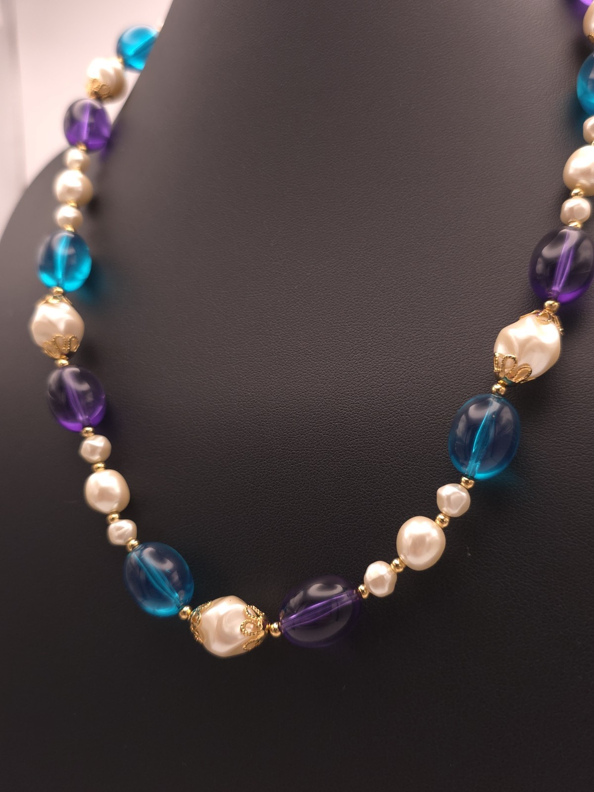 Vintage Trifari Beaded Necklace Baroque Pearl Purple Blue Lucite
