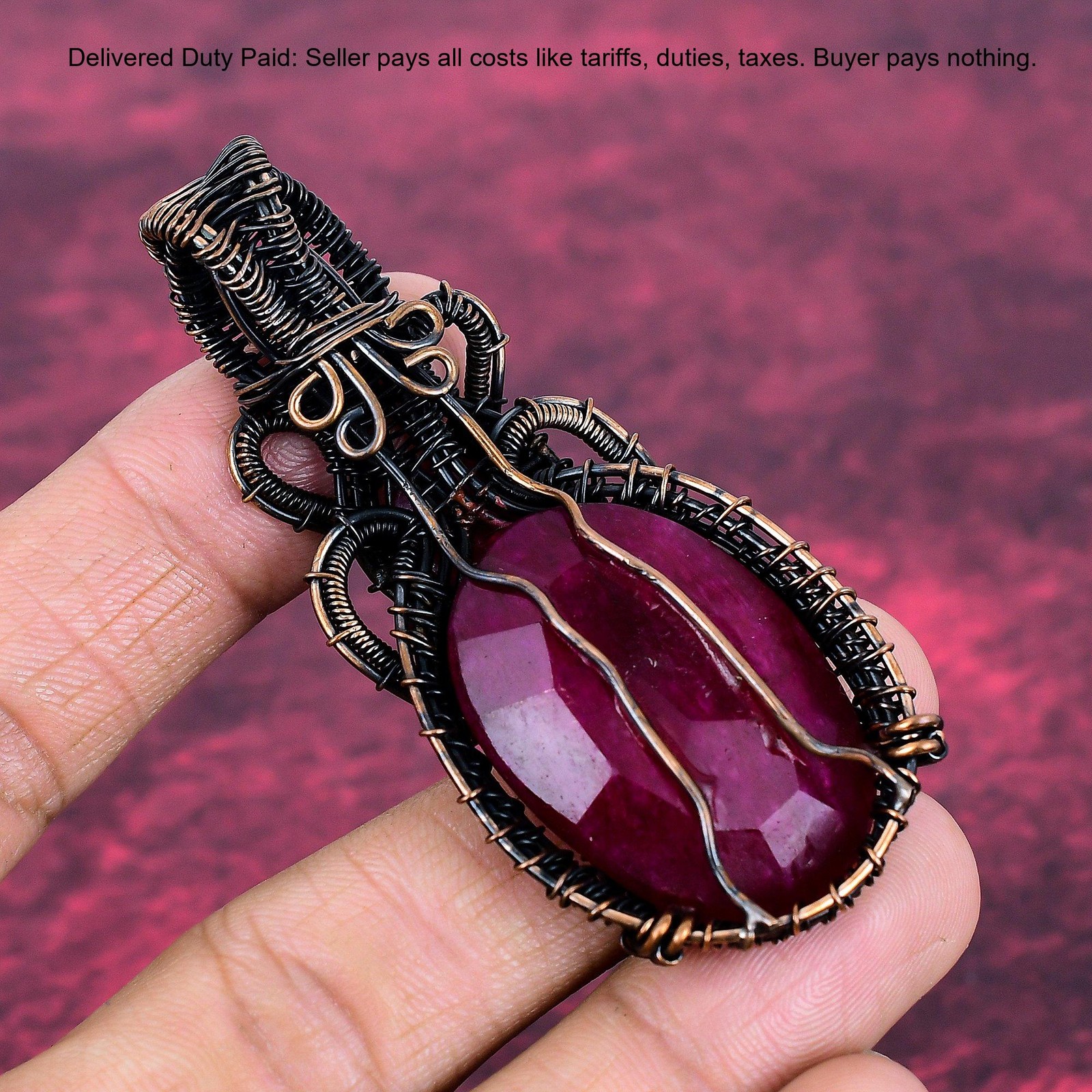 Copper Kashmir Rubi Gemstone Anniversary Wire Wrapped Wife Artisan Boho Pendant