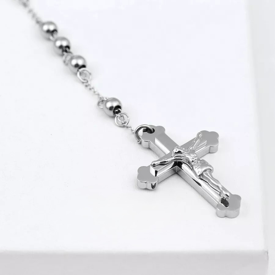 DG 26″ Stainless-Steel 6mm Beaded Rosary VIRGIN MARY+ JESUS CROSS Necklace + BOX