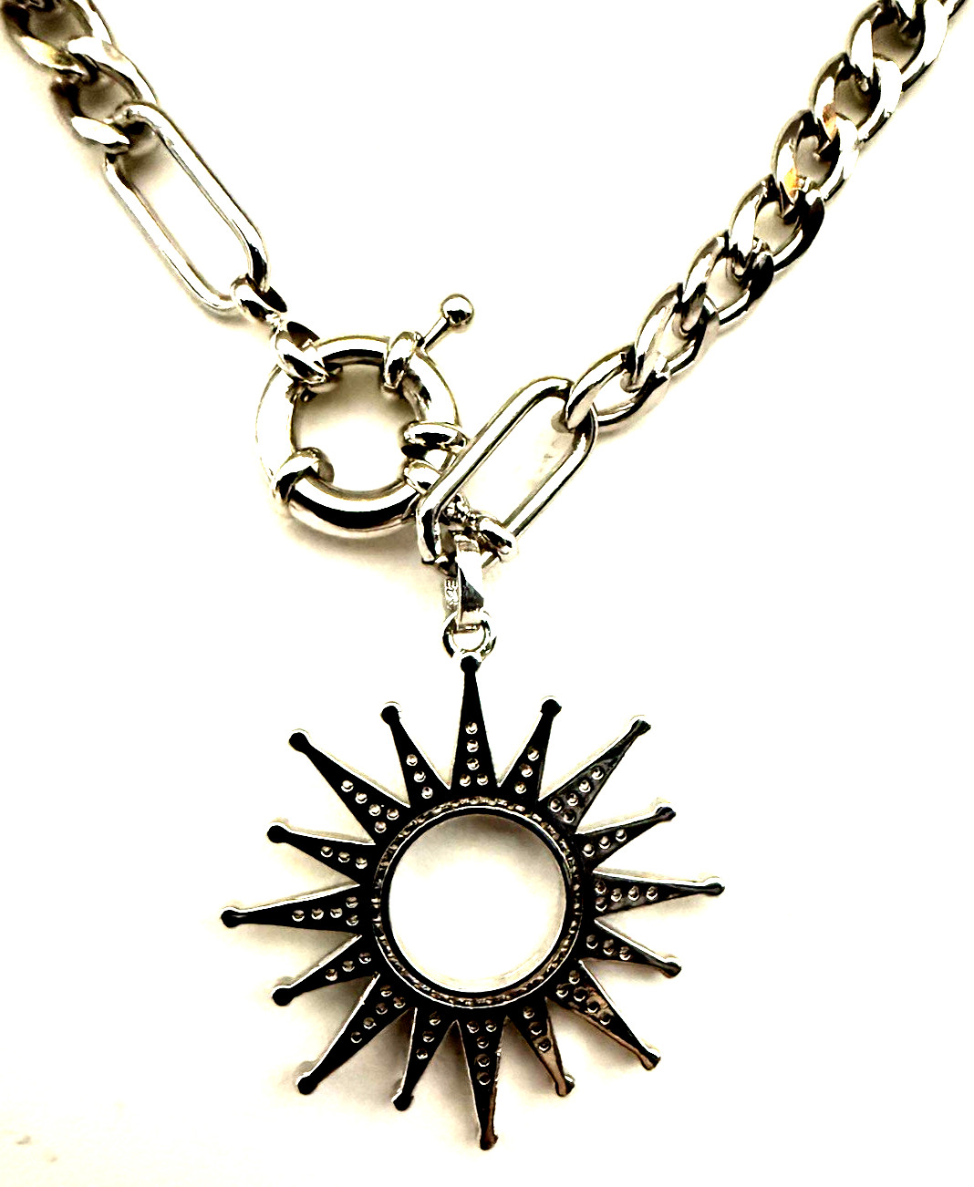 MELANIA CLARA 17″ Silver Tone Crystal Sunburst Pendant Front Clasp Necklace