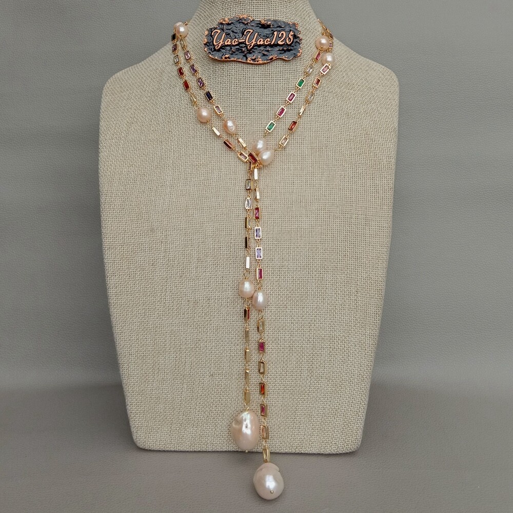50″ Cultured Pink Keshi Pearl Mixed Color Rectangle Cz Pave Long Chain Necklace