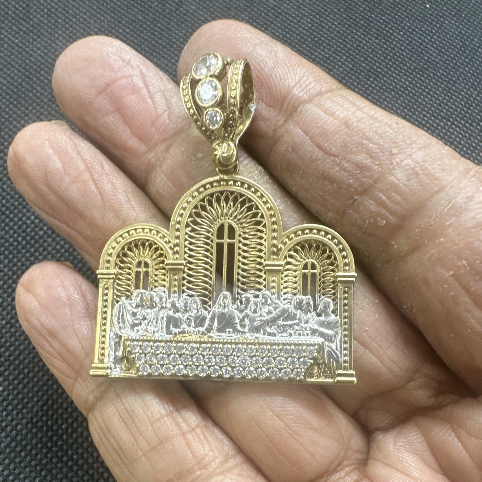 10k solid Yellow Gold Religious Pendant Round White CZ Bezel, prong setting