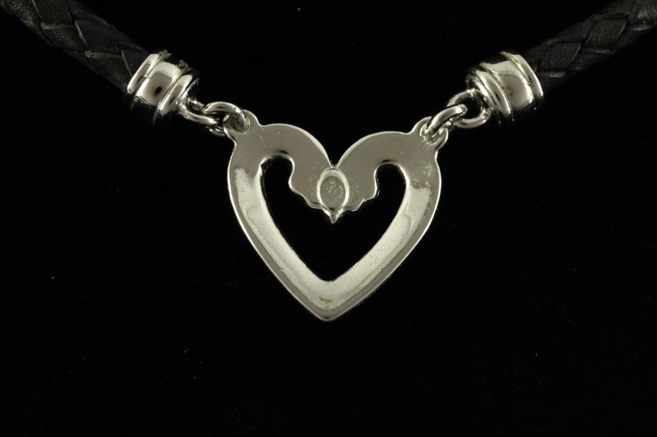 Modern Costume Jewelry Black Leather Braided Silver Tone Heart Pendant Necklace