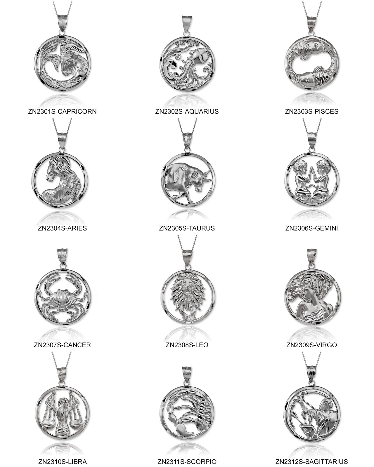 Sterling Silver Zodiac Round DC Pendant Necklace | 12 Horoscope Signs Available