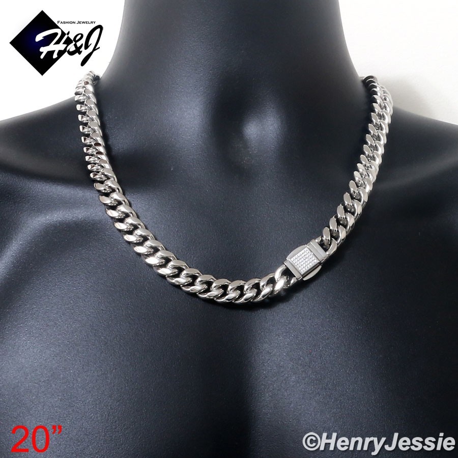 18″-40″MEN Stainless Steel 12mm Silver ICY CZ Miami Cuban Curb Necklace*N175