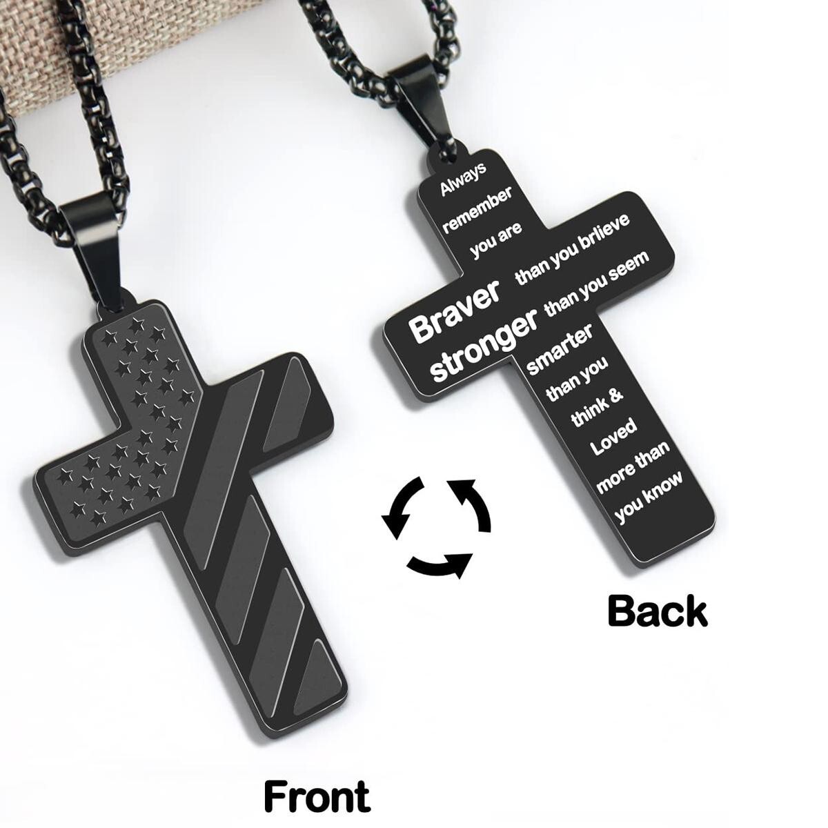 Mens Boys Inspirational Black American Flag Cross Pendant Bible Verse Necklace