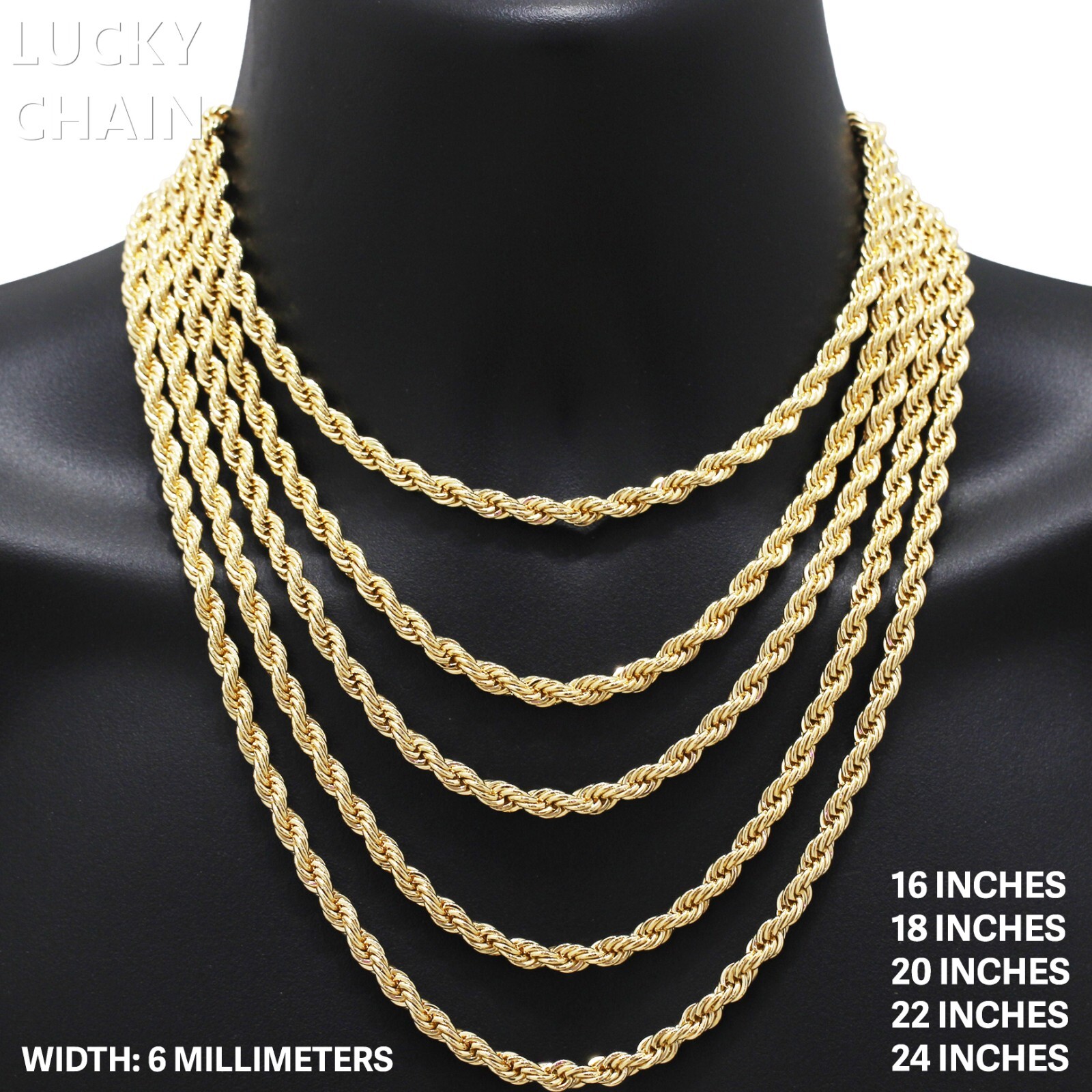 8”16”18”20”22”24”14K GOLD FILLED SOLID ROPE CHAIN NECKLACE 6mm 18g-60g H5