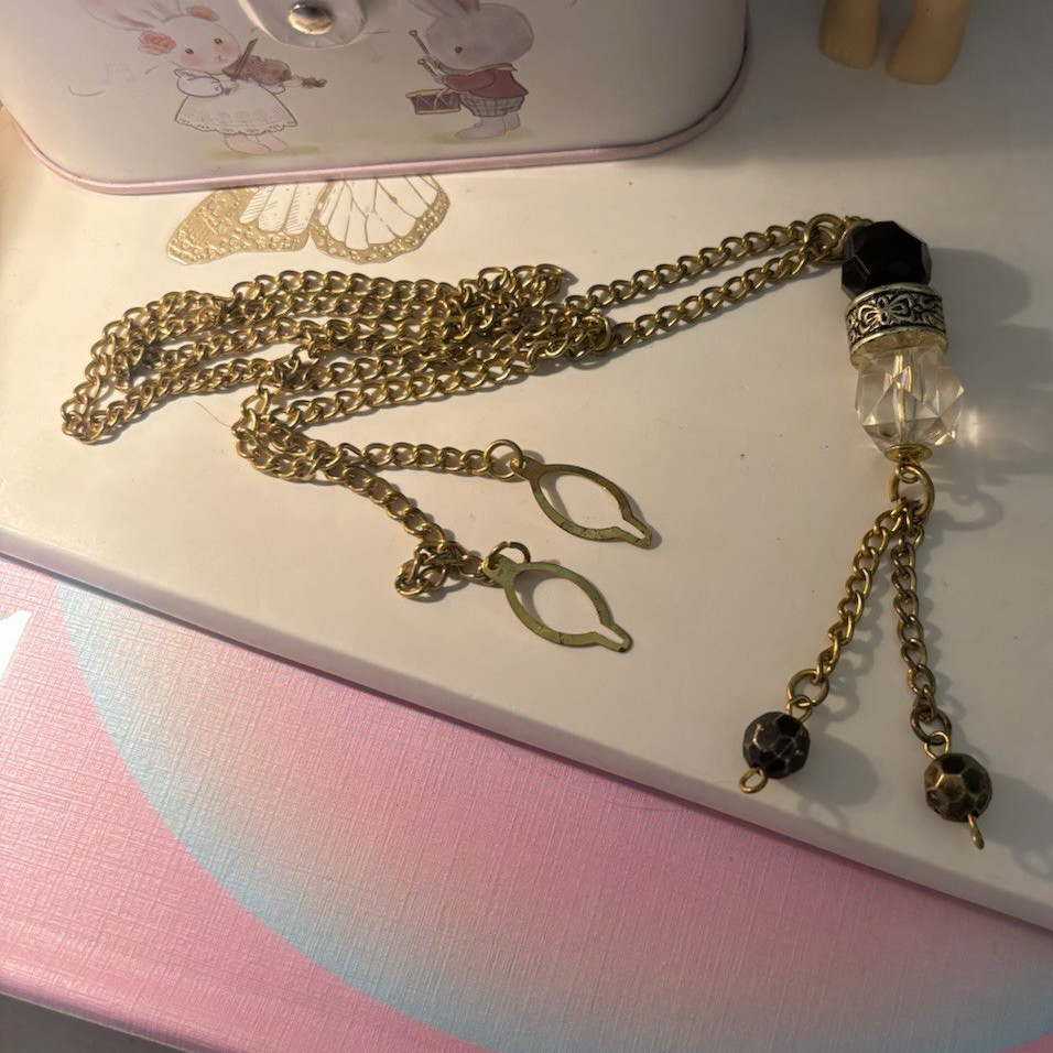 Vintage Gold Tone Necklace Black Beads Clear Crystal Tassel Pendant