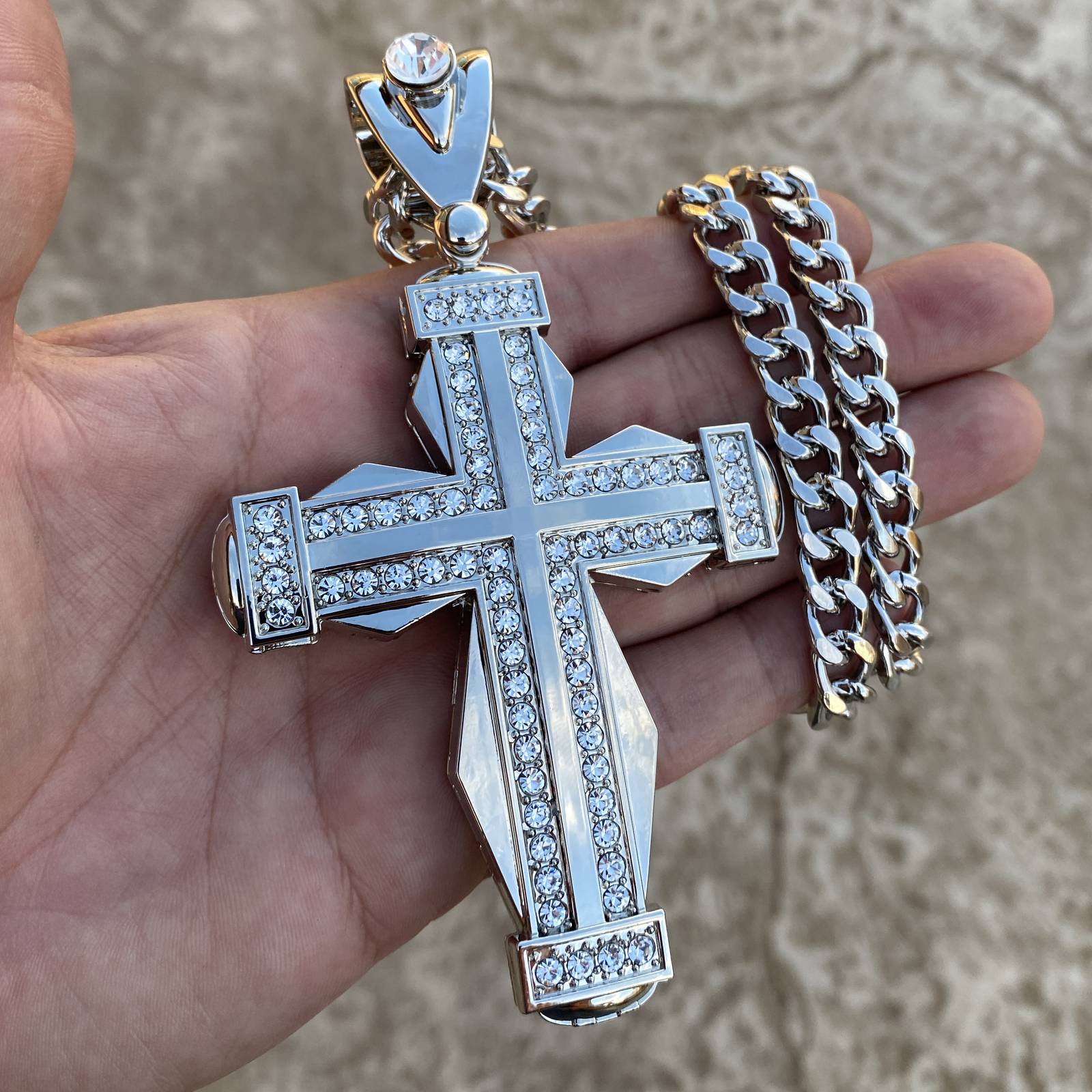 Men Huge Double Cross Pendant Jesus Necklace Silver Tone Hip Hop Cuban Chain 30″