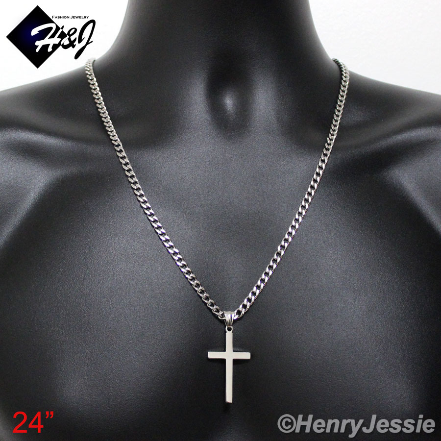 18″-36″MEN Stainless Steel 5mm Silver Cuban Curb Chain Necklace Cross Pendant*P
