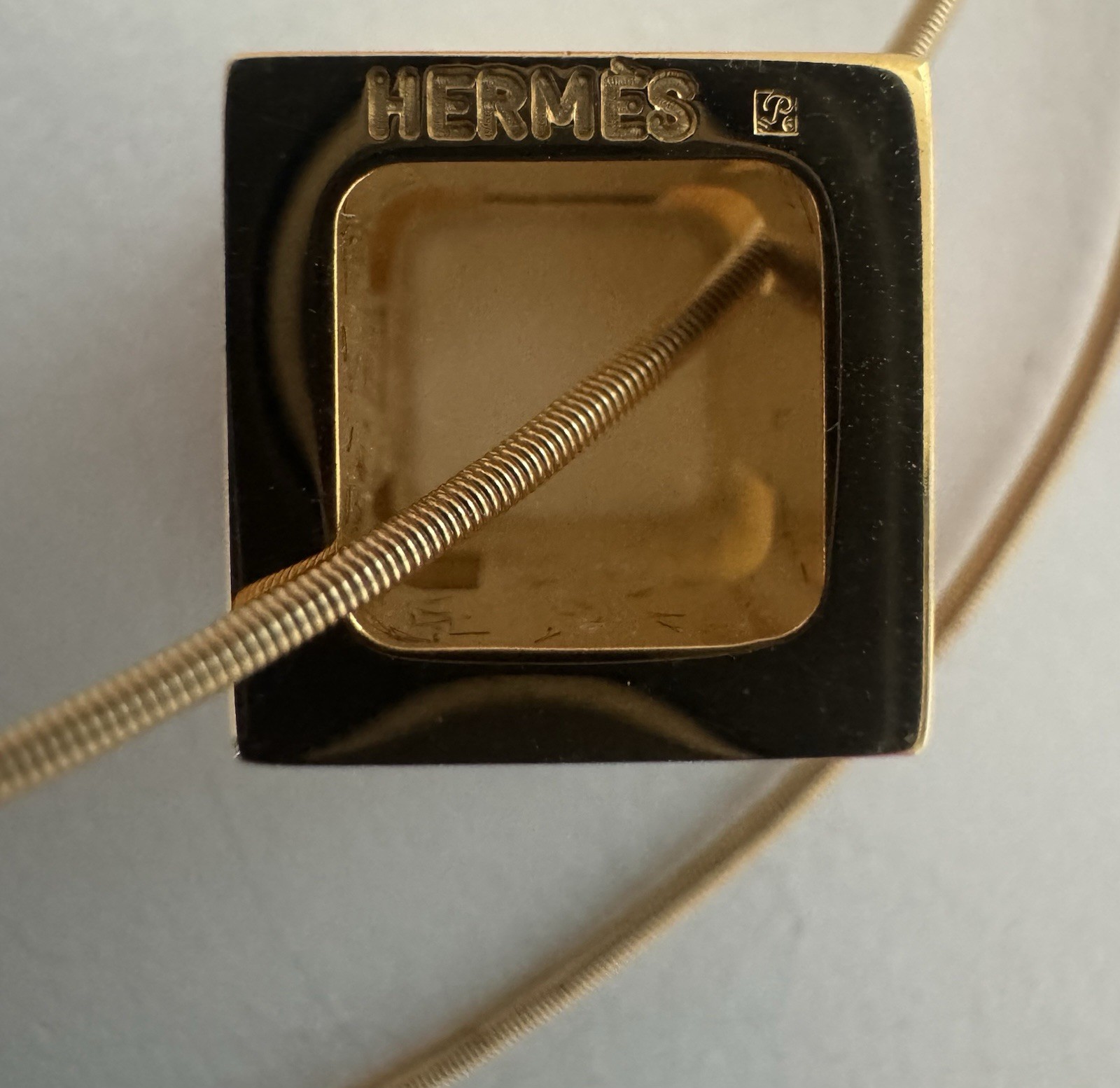 Estate Hermes Gold Tone Orange Enamel H Cube Necklace With Box
