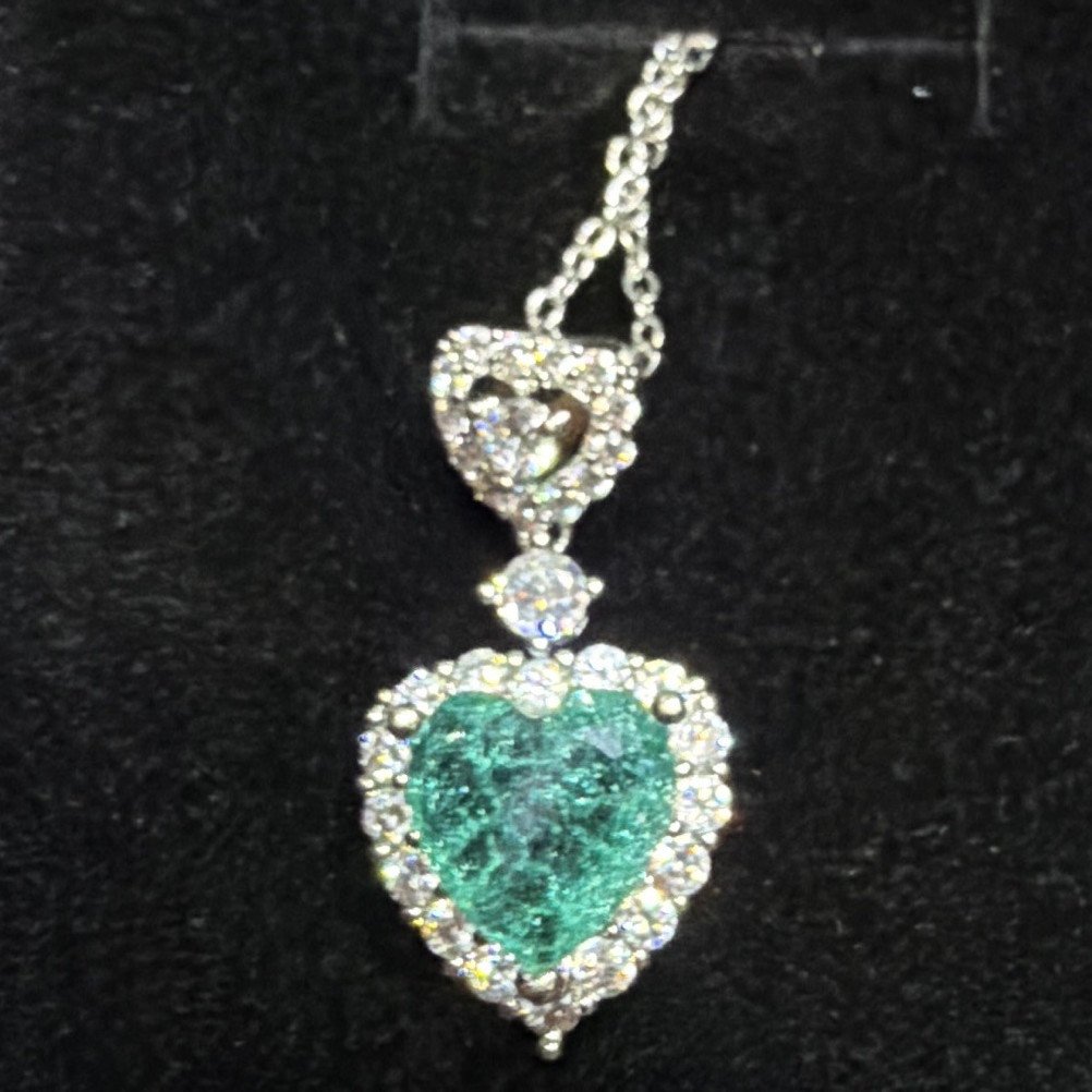 Silver-Tone Heart Charm Pendant Necklace Green topaz / moissanite diamonds