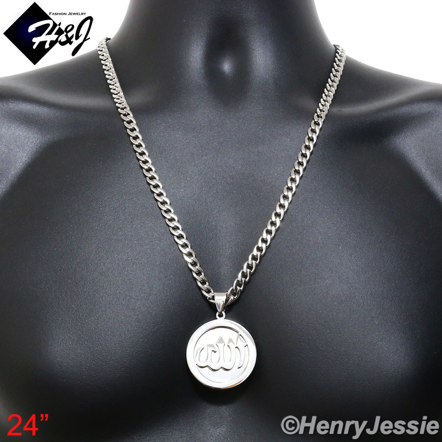 24″MEN Stainless Steel 6mm Silver Cuban Curb Necklace Allah Round Pendant*P78
