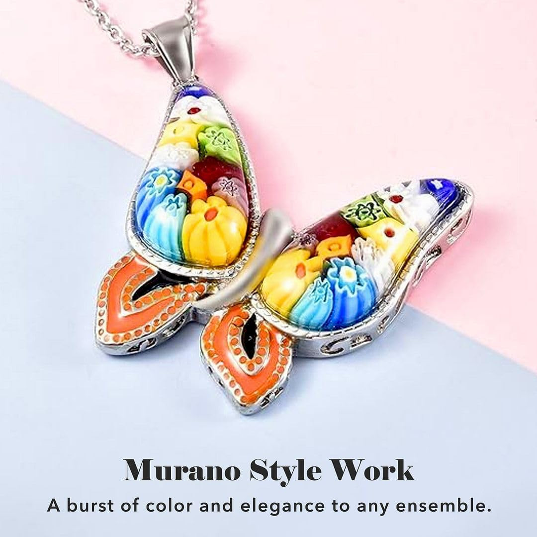 Murano Style Millefiori Glass Butterfly Necklaces for Women – Colorful Boho Neck