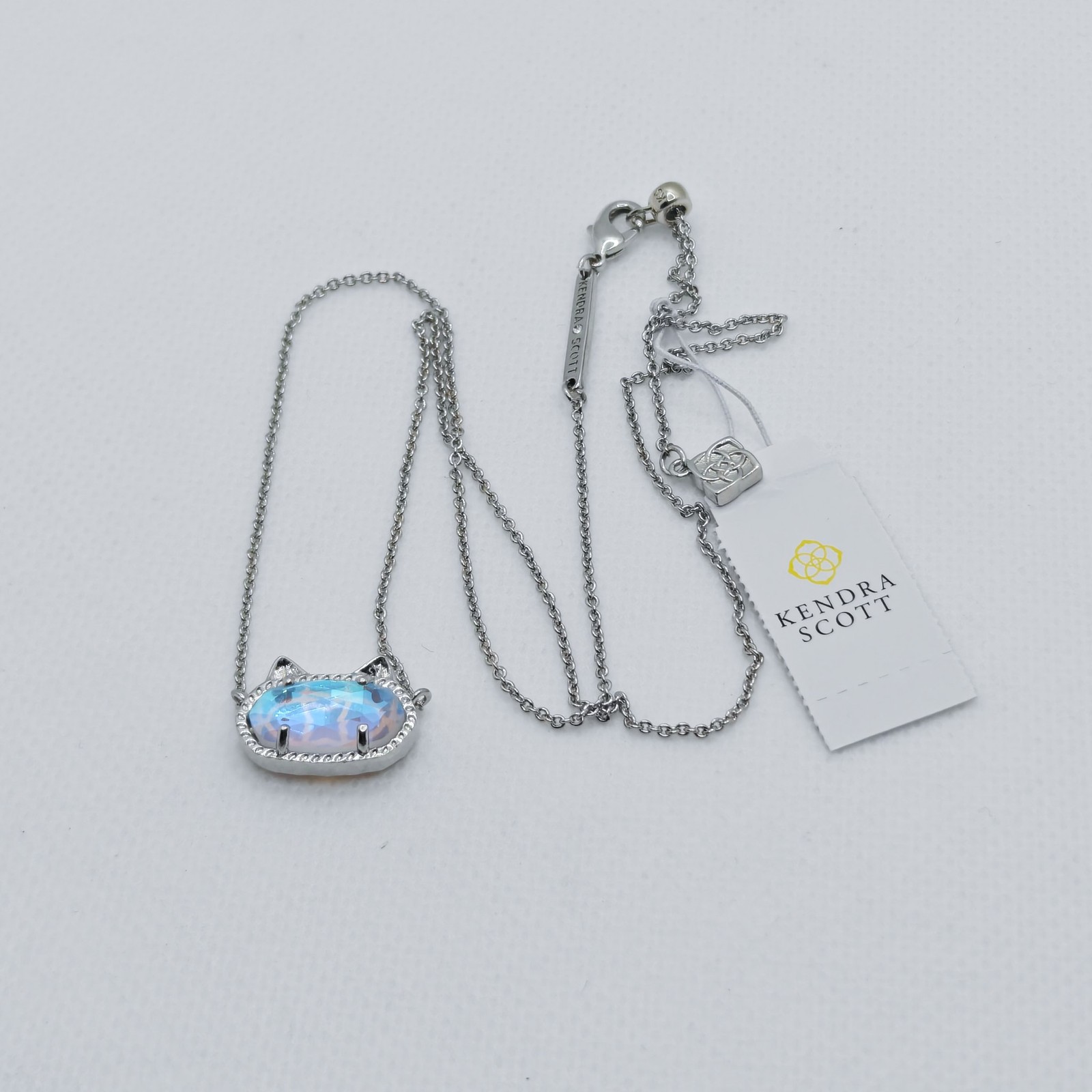 New Kendra Scott Elisa Silver Cat Kitty Pendant Necklace In Dichroic Glass