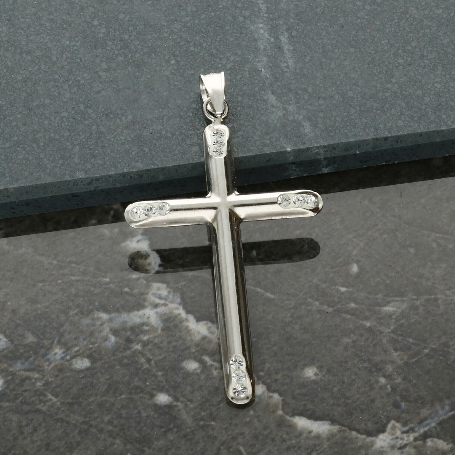 9ct White Gold Plated Cz Set Cross 14 16 18 20 22 24″ Inch & Curb Chain Option