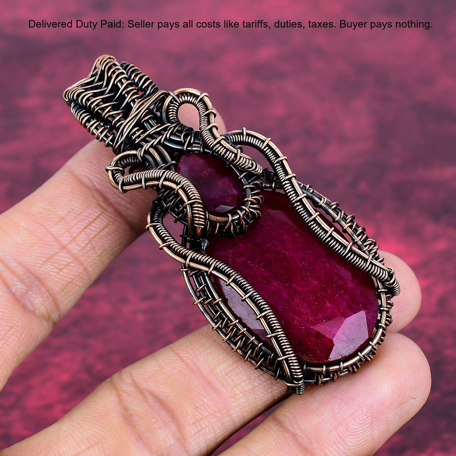 Copper Kashmir Rubi Gemstone Anniversary Wire Wrapped Wife Artisan Boho Pendant
