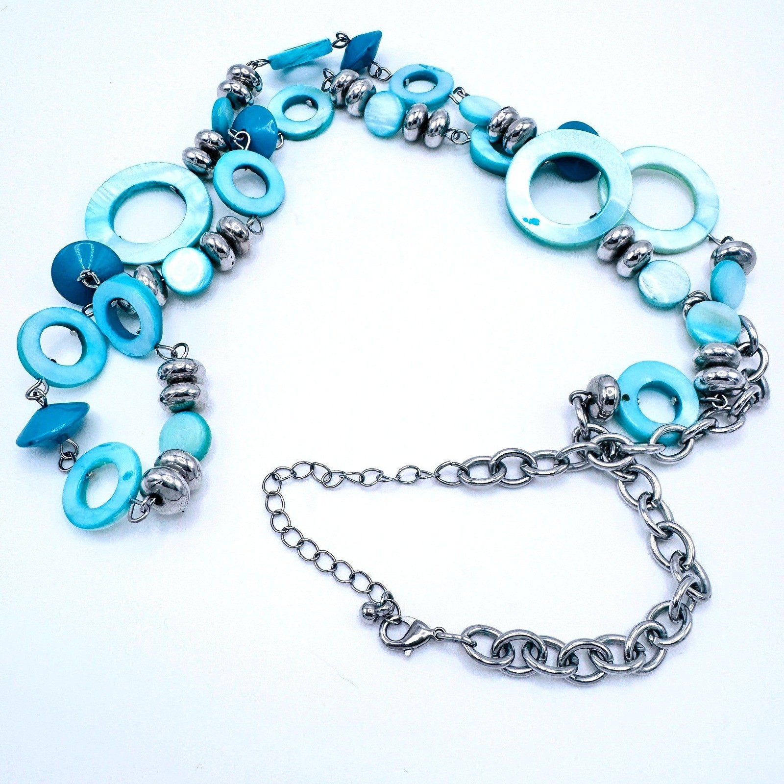Long Boho Shell Necklace Blue Aqua Chunky Coastal Silver Tone Statement 36″ Y2K