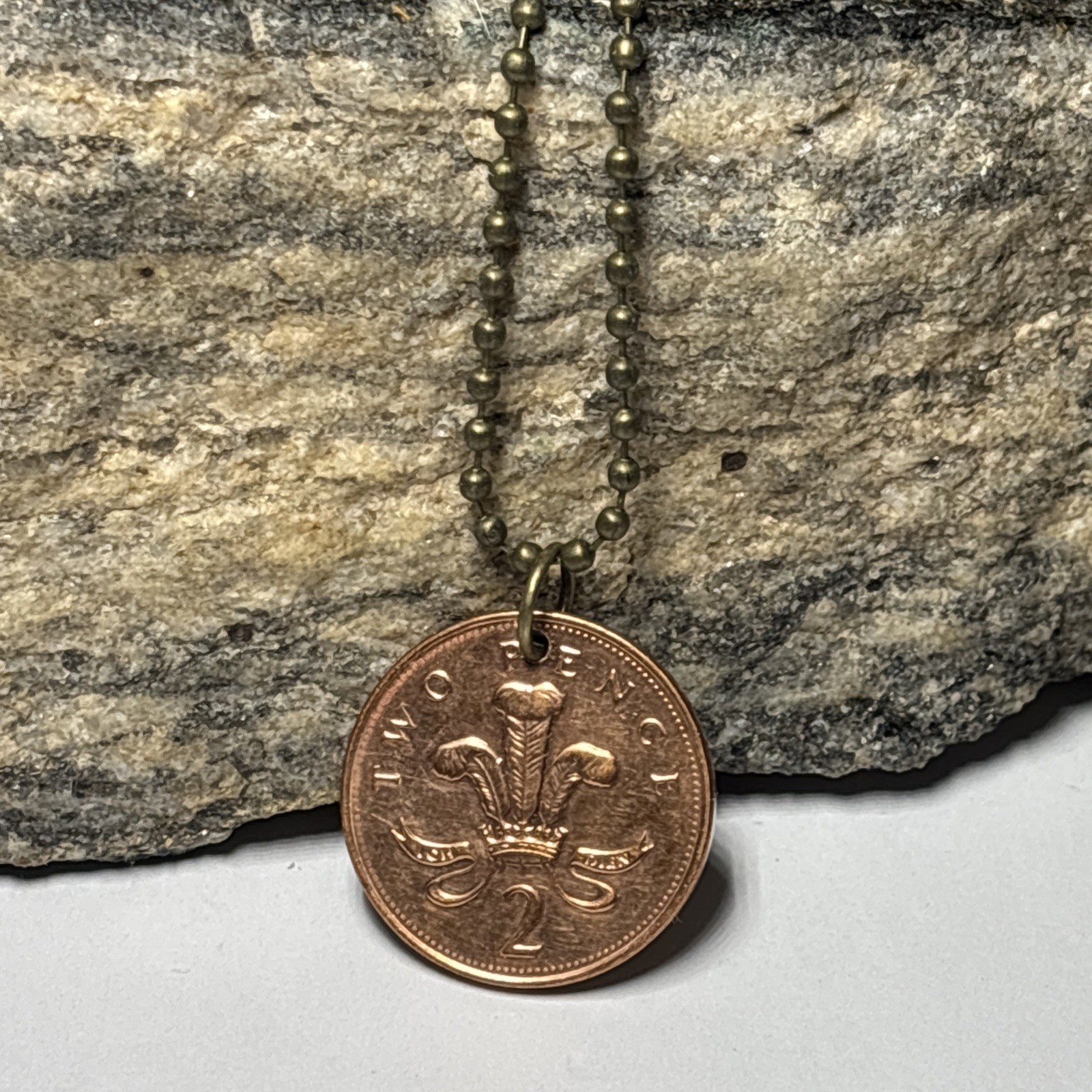 UK 2 Pence Coin Pendant Prince of Wales Plume Welsh Ostrich. Wear History!