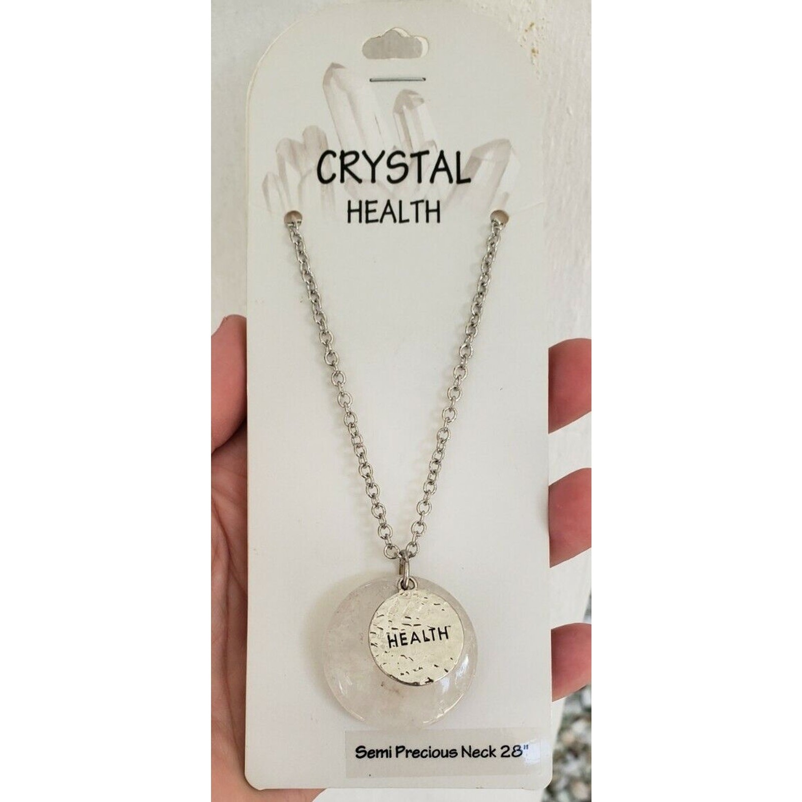 Crystal Health Semi Precious Real Quartz Stone, 28″ Silver Tone Chain, NWT