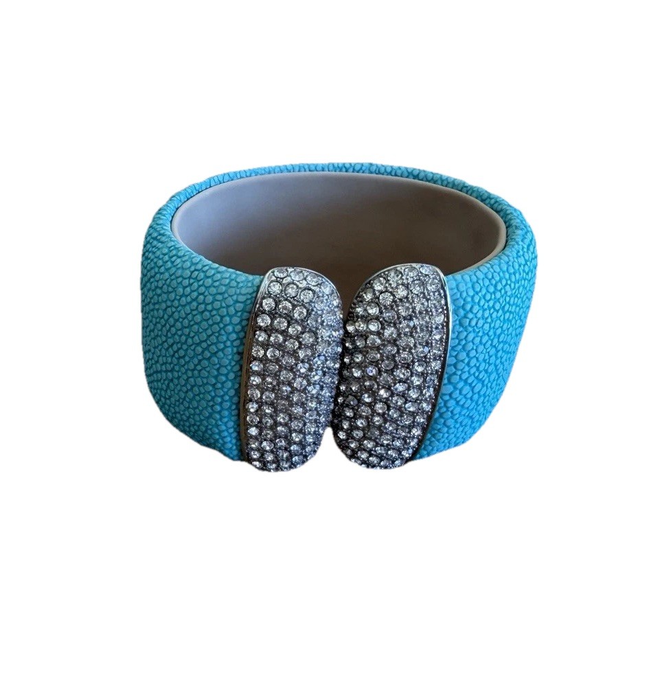 PJM Jewelry Turquoise Leather Hinge Wide Bangle CZ-Cuff Bracelet